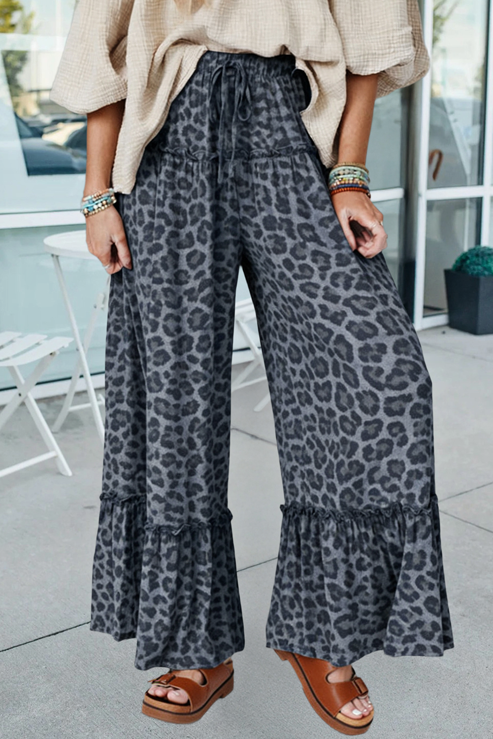 66DISCO Leopard Print Frilled Drawstring Wide Leg Pants – Nona