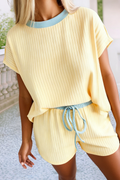 LDC Casual Solid Colorblock Short Sleeve Set