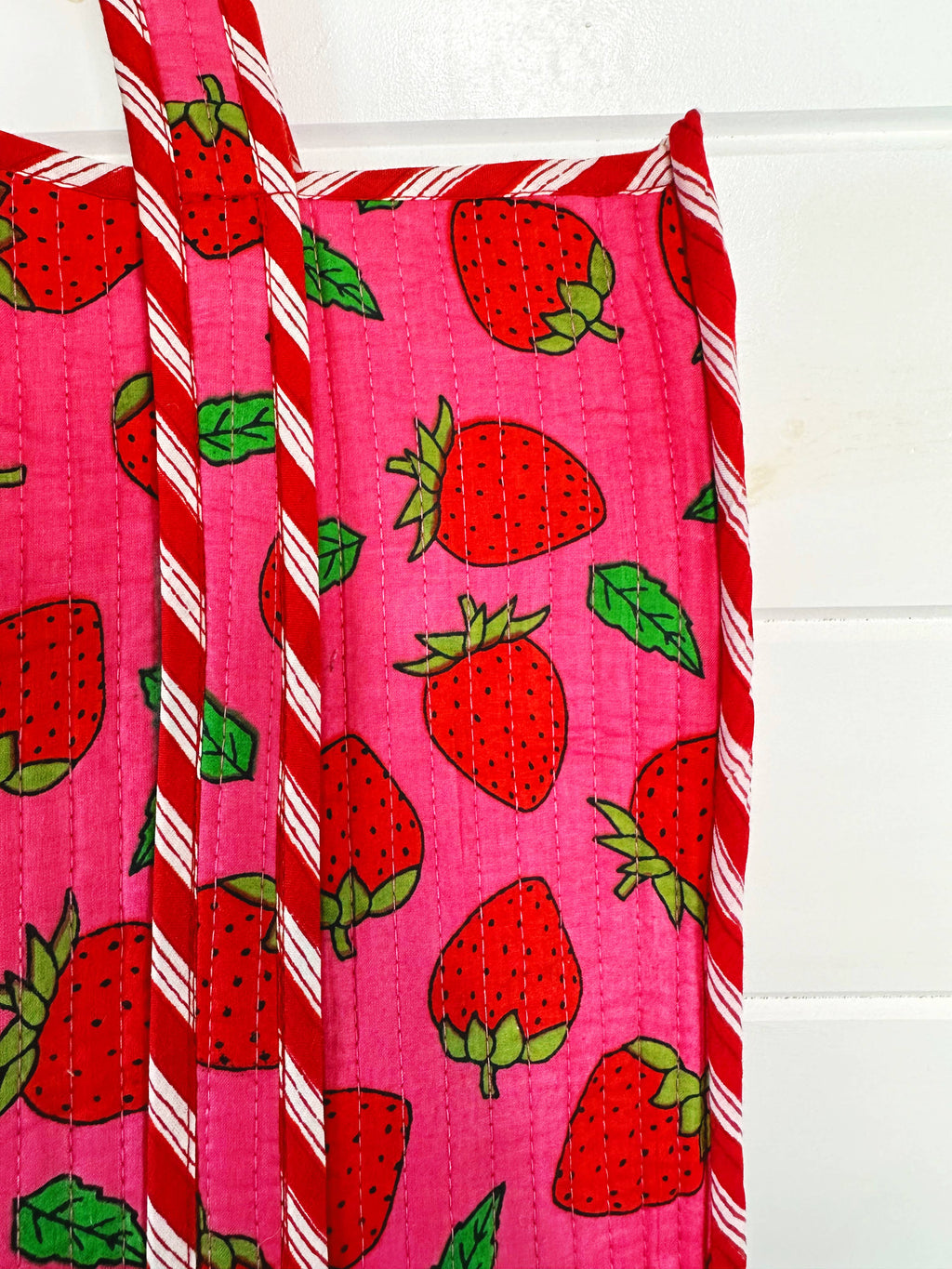 Quilted Tote Bag | Pink Strawberry Bag | Large Shopping Tote