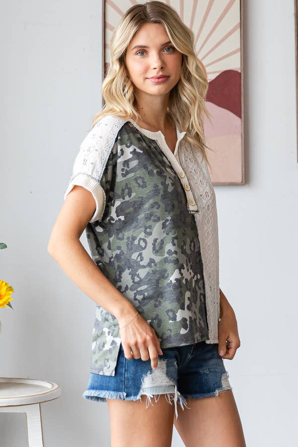 PLUS 7th Ray Camo Animal Lace Contrast Top