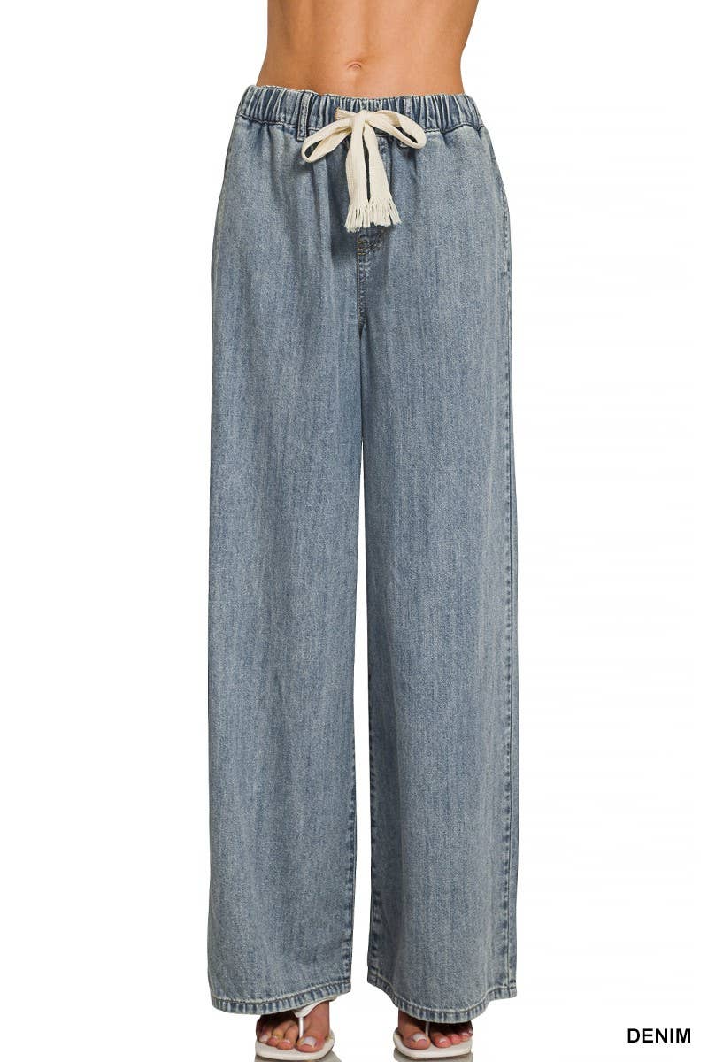 Zenana Wide Leg Drawstring Denim Pants