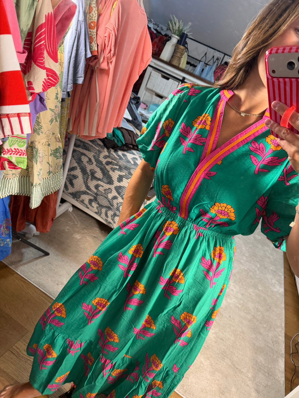 Umgee Floral Print V-Neck Midi Dress