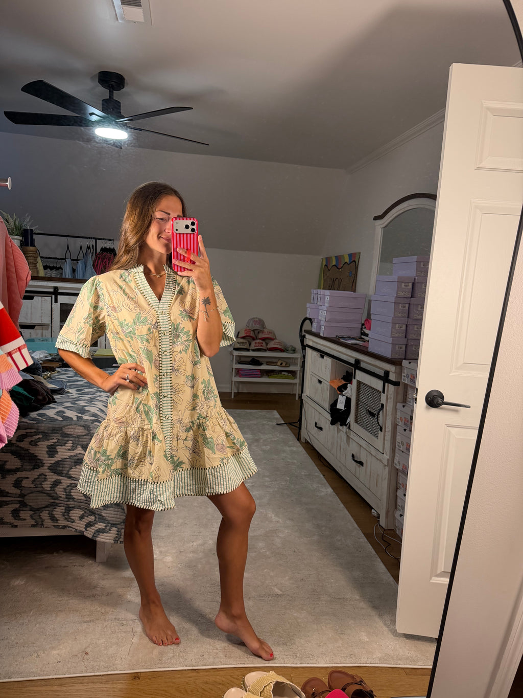 Umgee Botanical Print V-Neck Dress