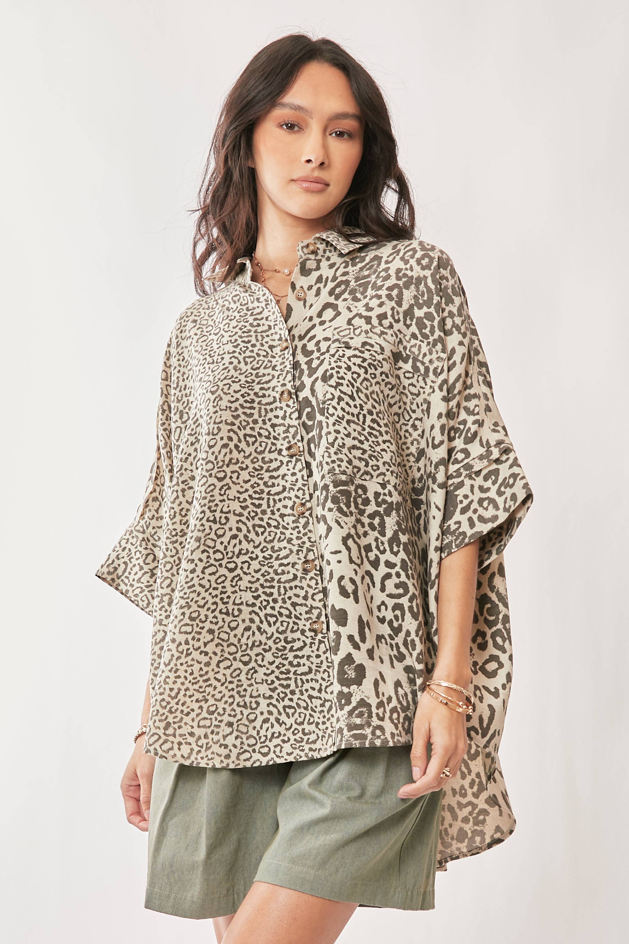 Davi & Dani Leopard Print Oversized High-Low Shirt