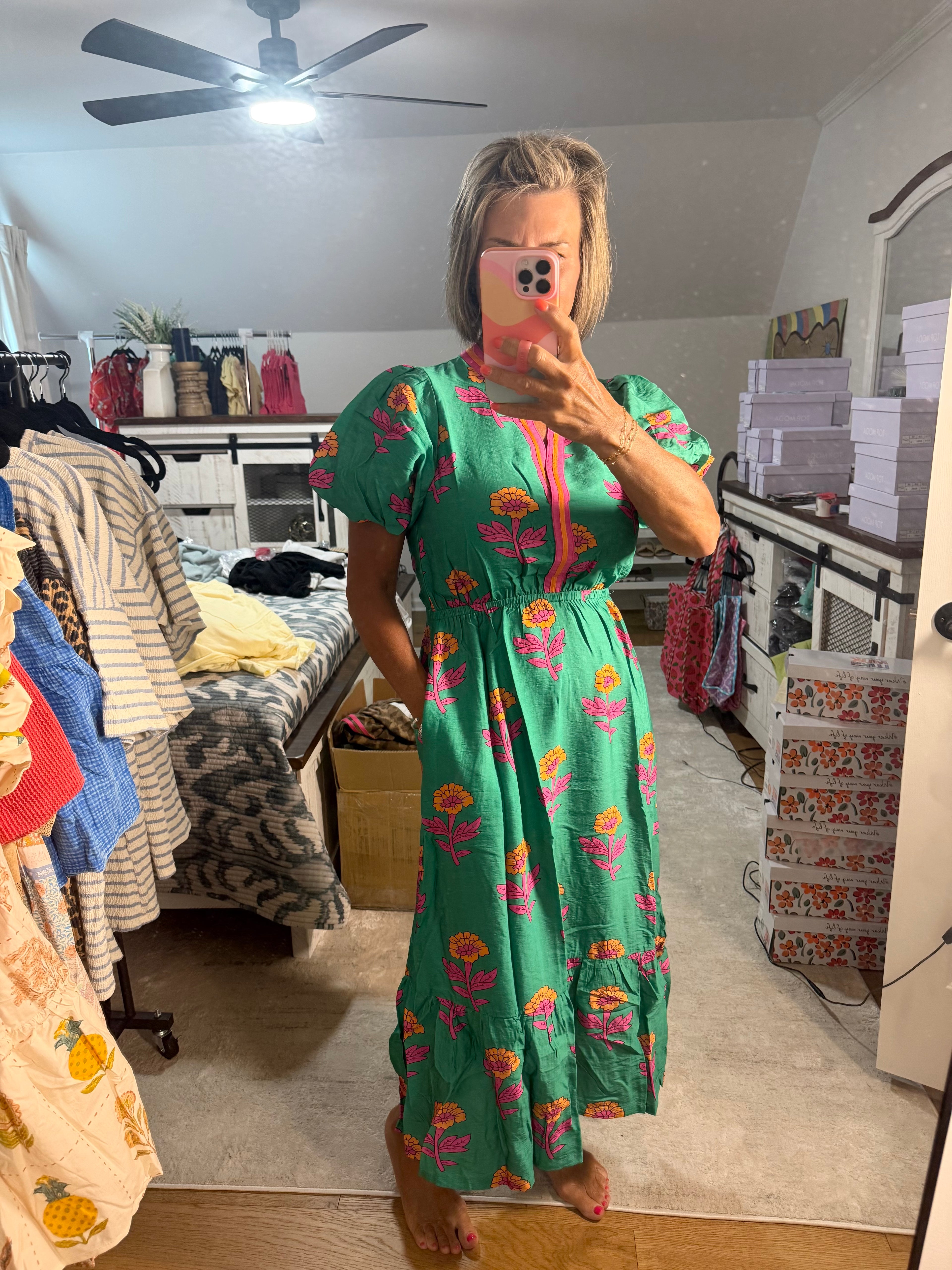 Umgee Floral Print V-Neck Midi Dress