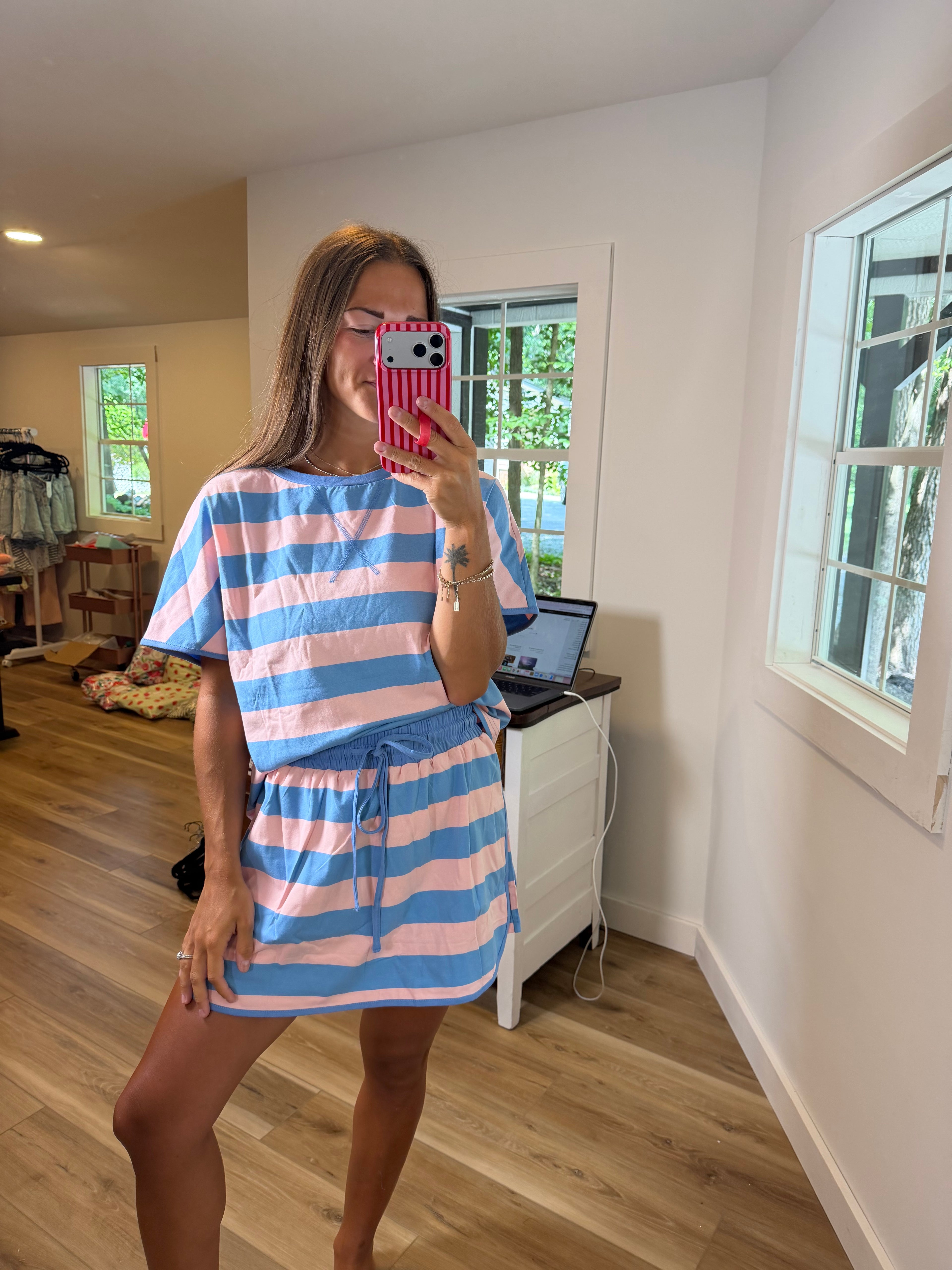 66DISCO Striped Drawstring Skort Set