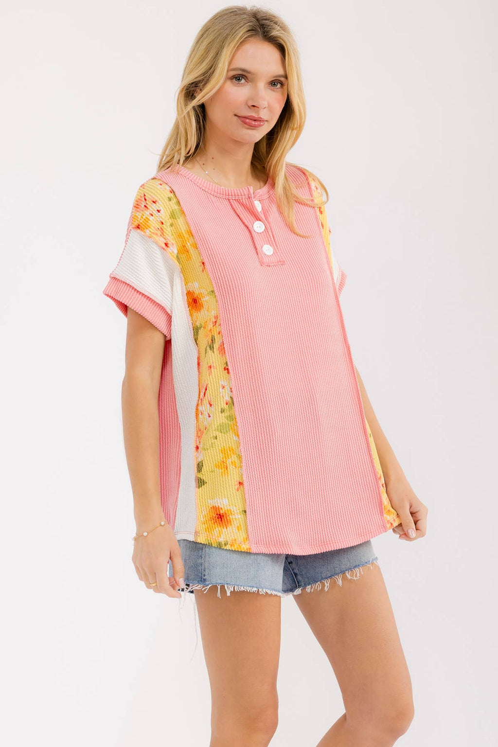 7th Ray Floral Patchwork Ribbed Henley Top