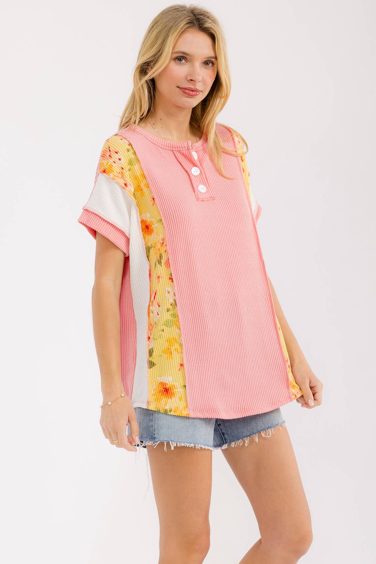7th Ray Floral Patchwork Ribbed Henley Top