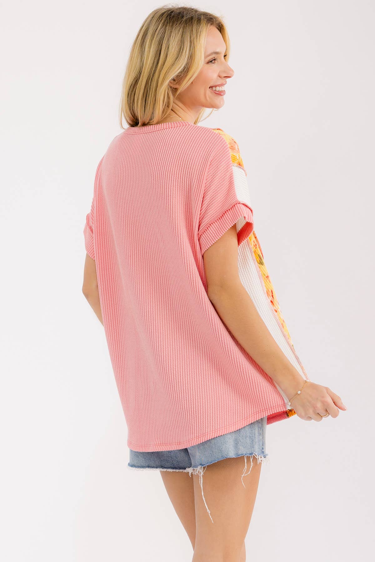 7th Ray Floral Patchwork Ribbed Henley Top