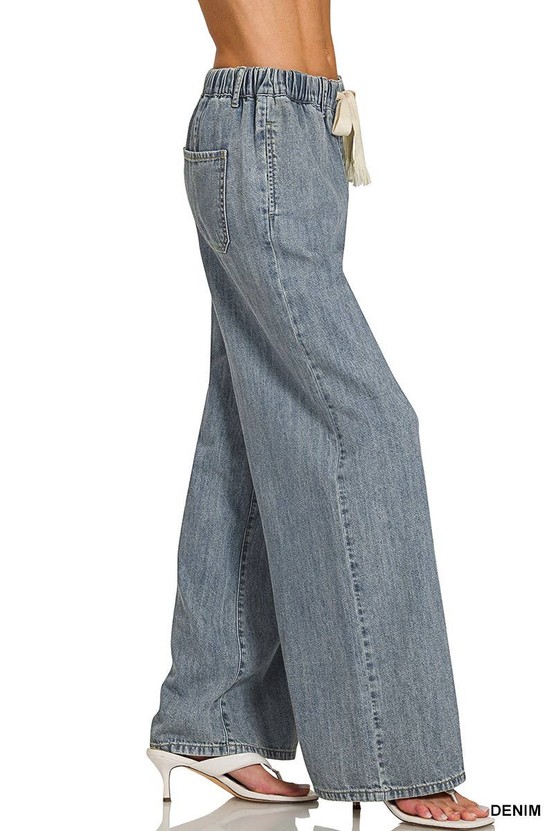 Zenana Wide Leg Drawstring Denim Pants