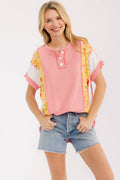 7th Ray Floral Patchwork Ribbed Henley Top