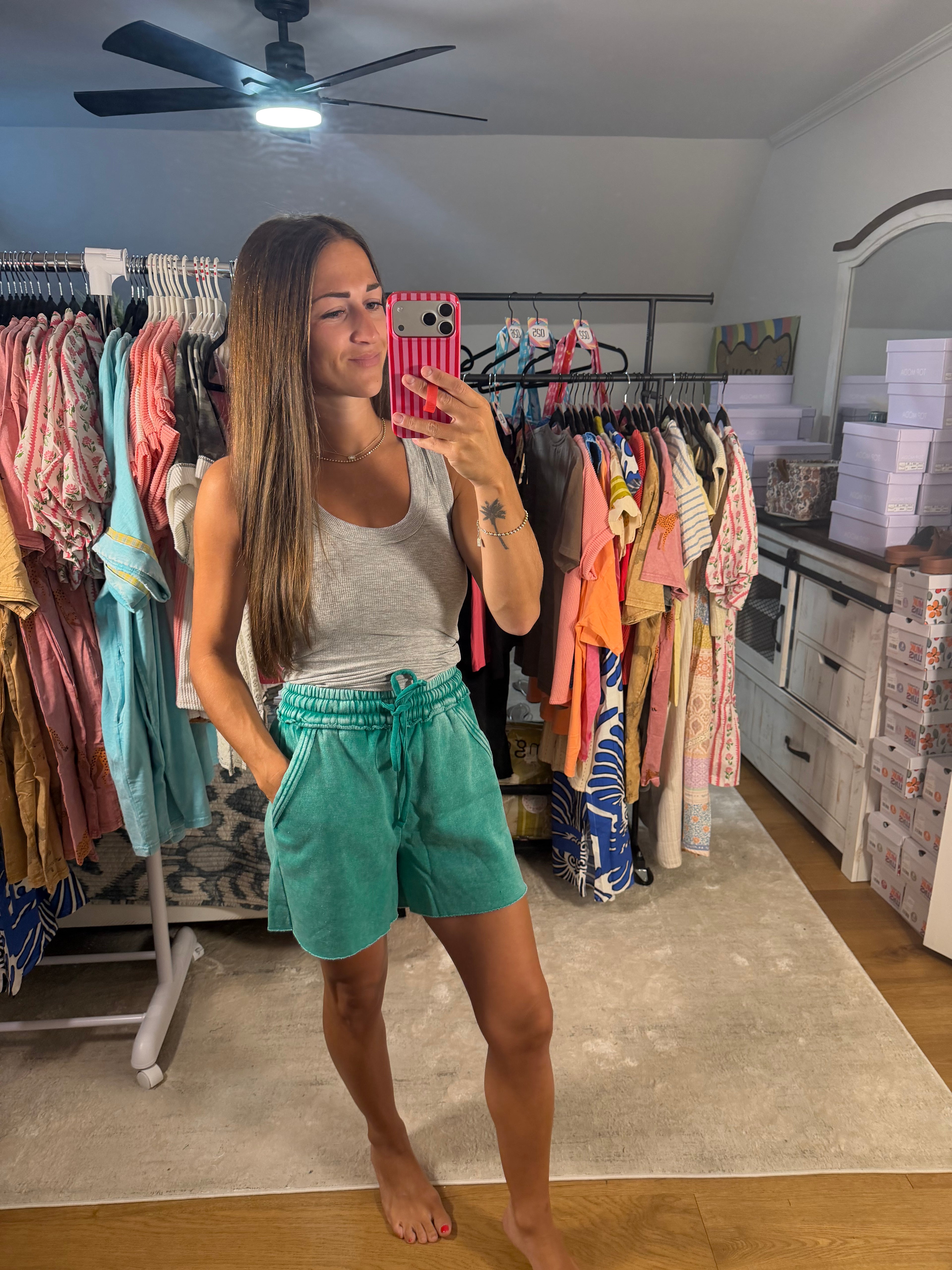 Zenana Acid Wash Fleece Drawstring Shorts With Pockets