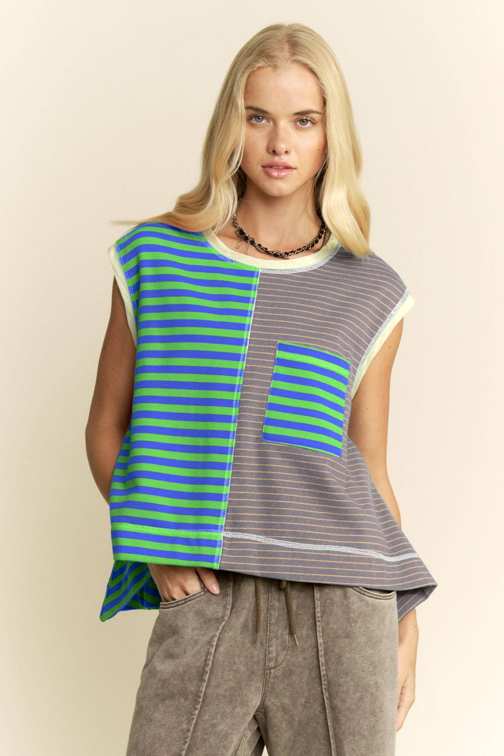 Davi & Dani Mixed-Stripe Colorblock  Top