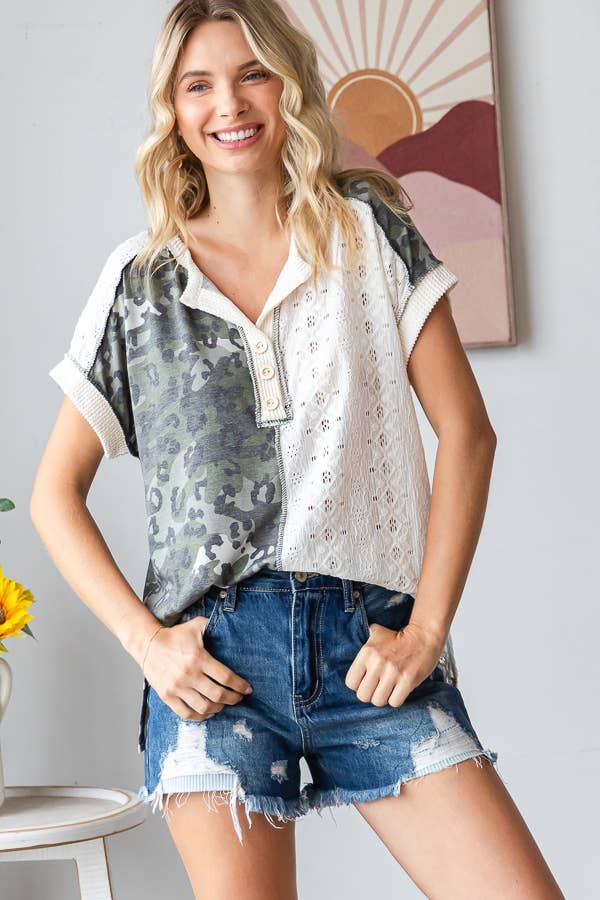PLUS 7th Ray Camo Animal Lace Contrast Top