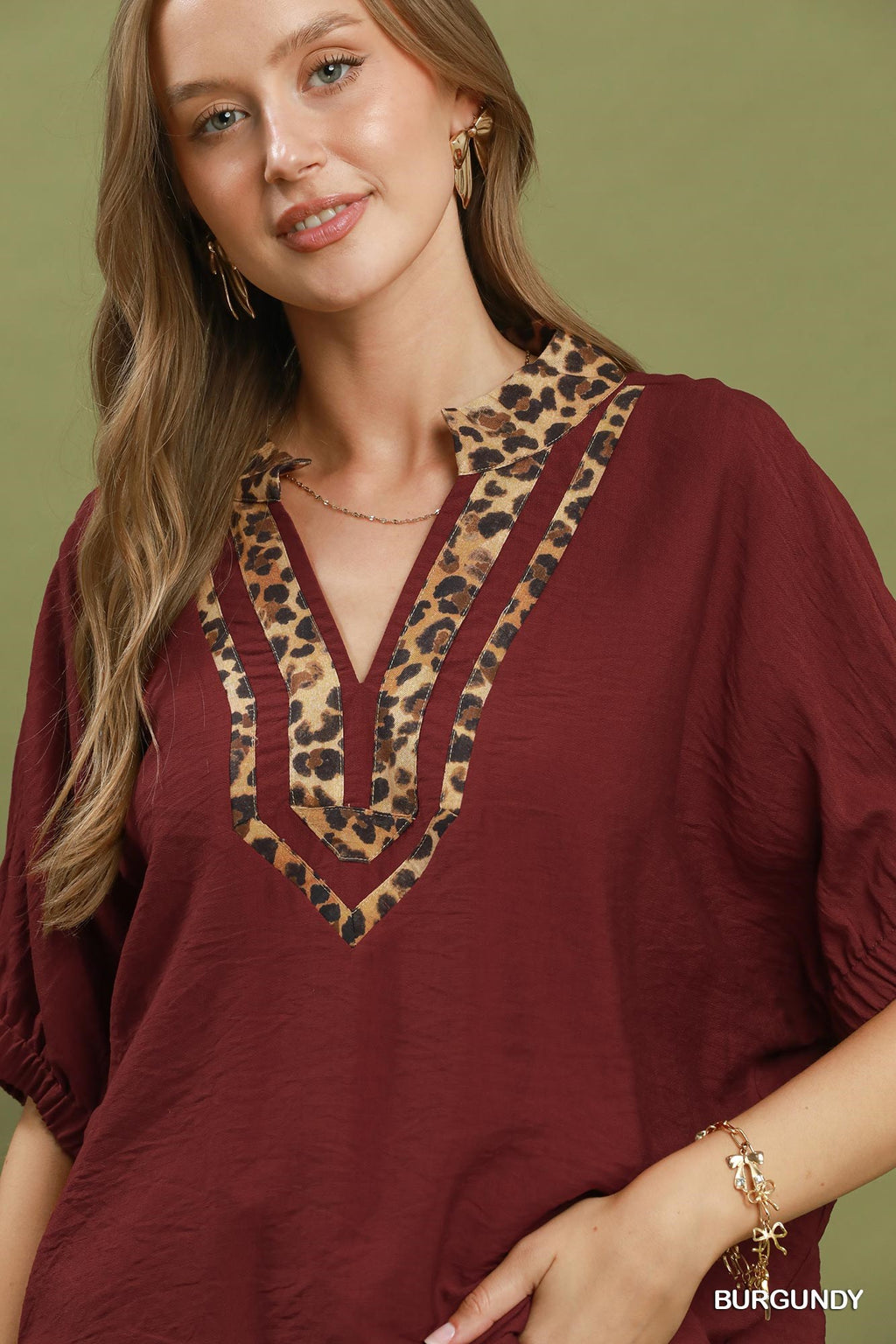 Umgee Leopard Print Dolman Sleeve Blouse