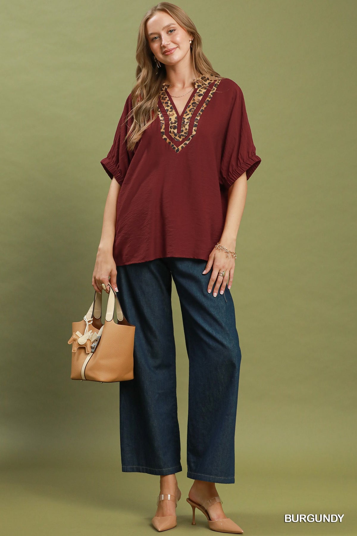 Umgee Leopard Print Dolman Sleeve Blouse