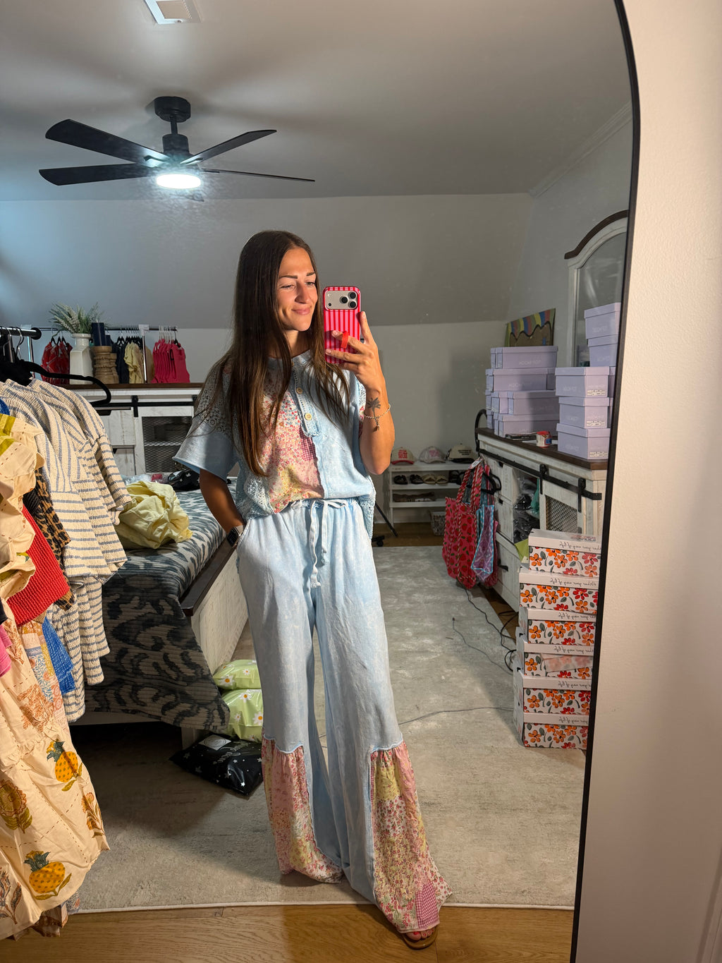 J.Her Floral & Crochet Flare Pants