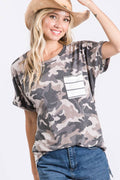7th Ray Camo Print Striped Pocket Top