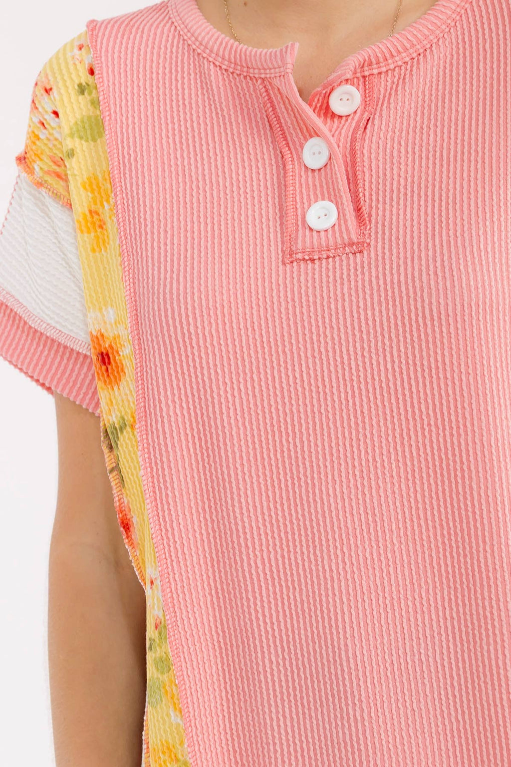 7th Ray Floral Patchwork Ribbed Henley Top