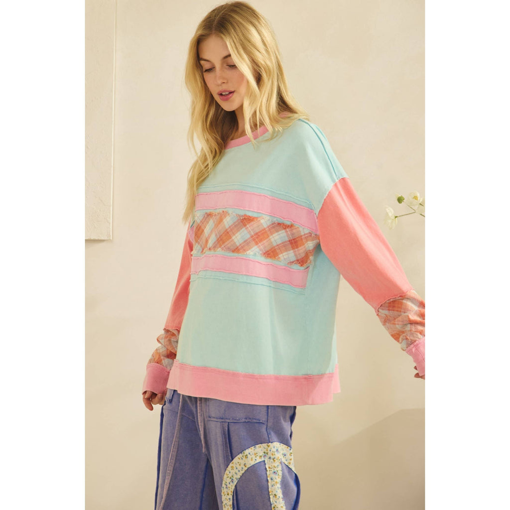 Sage + Fig COLORBLOCK PLAID PATCHWORK PULLOVER