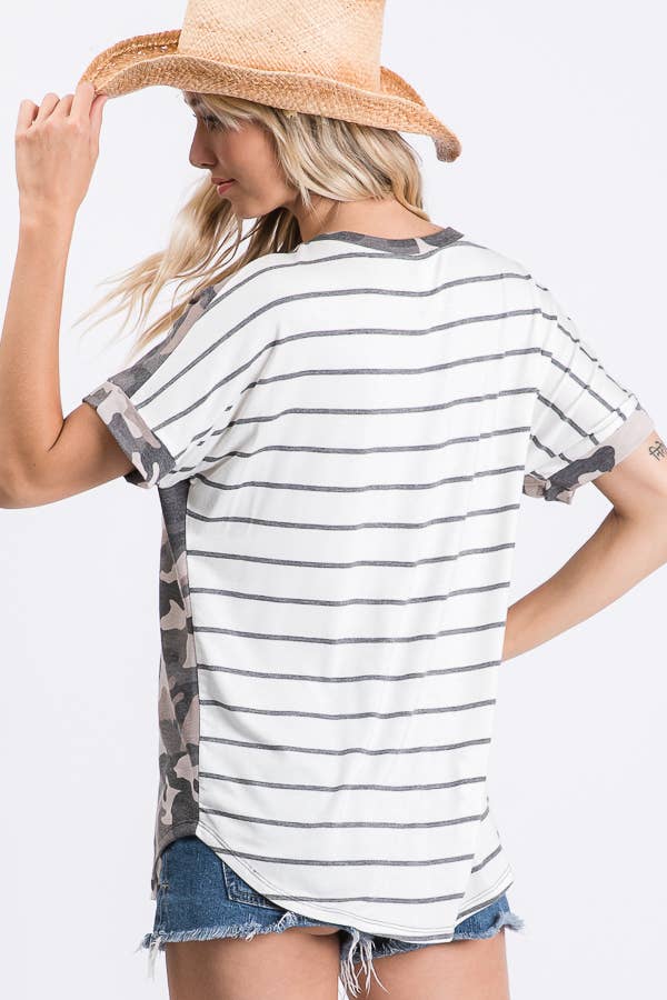 7th Ray Camo Print Striped Pocket Top