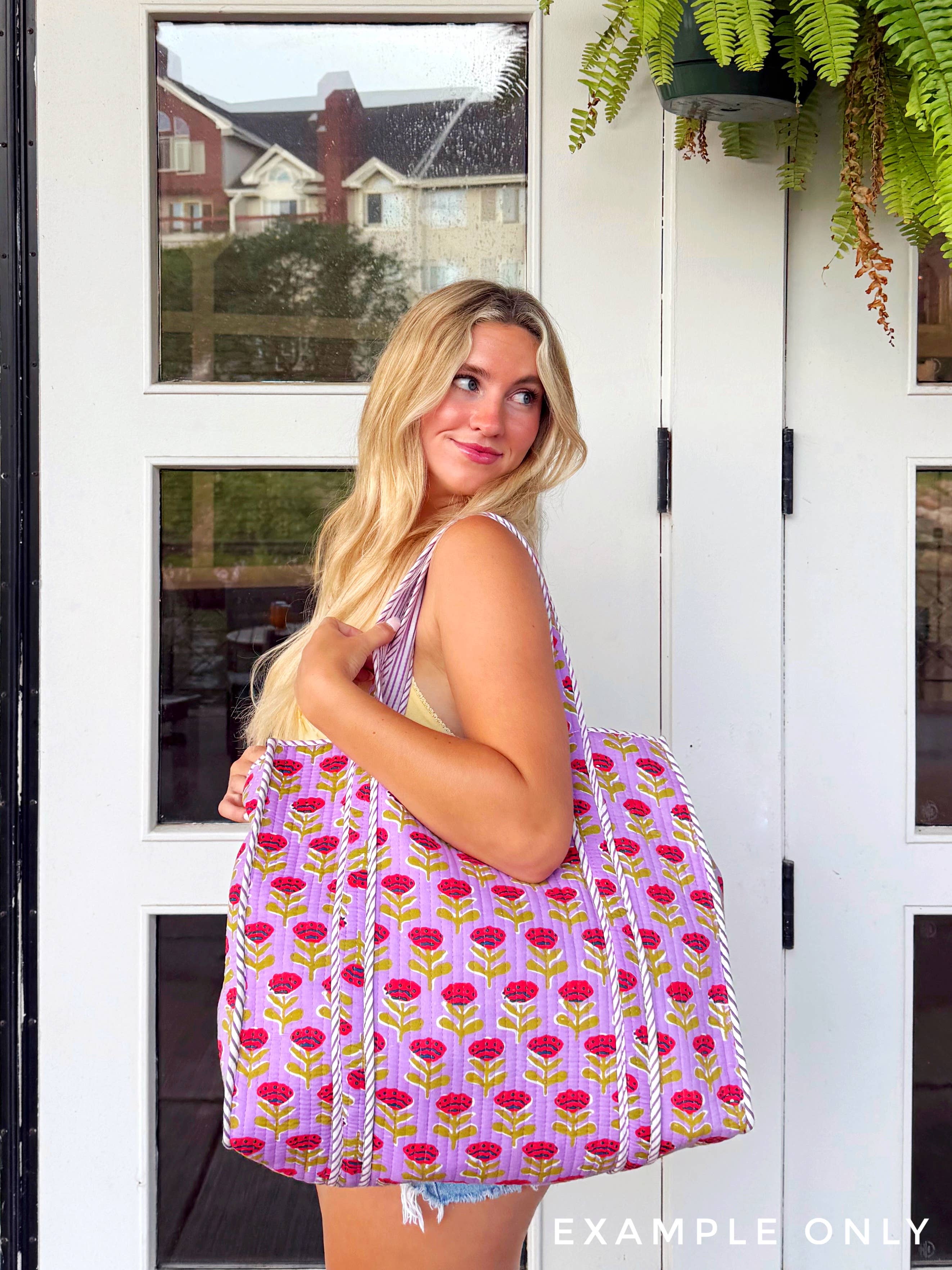 Large Tote Bags | Quilted Travel Tote | Purple Wildflowers