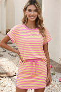 LDC Colorblock Striped Short Sleeve Top and Skirt Set