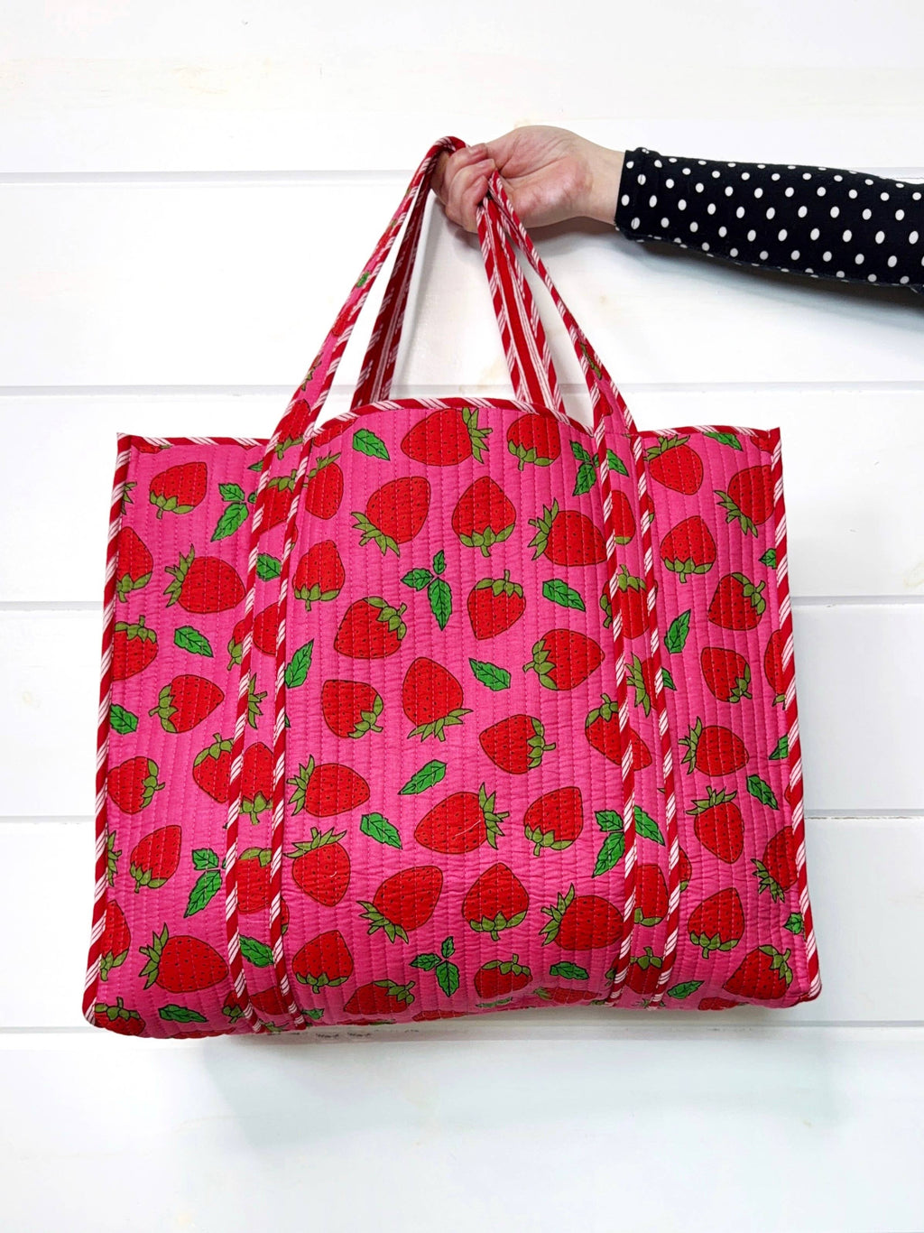 Quilted Tote Bag | Pink Strawberry Bag | Large Shopping Tote