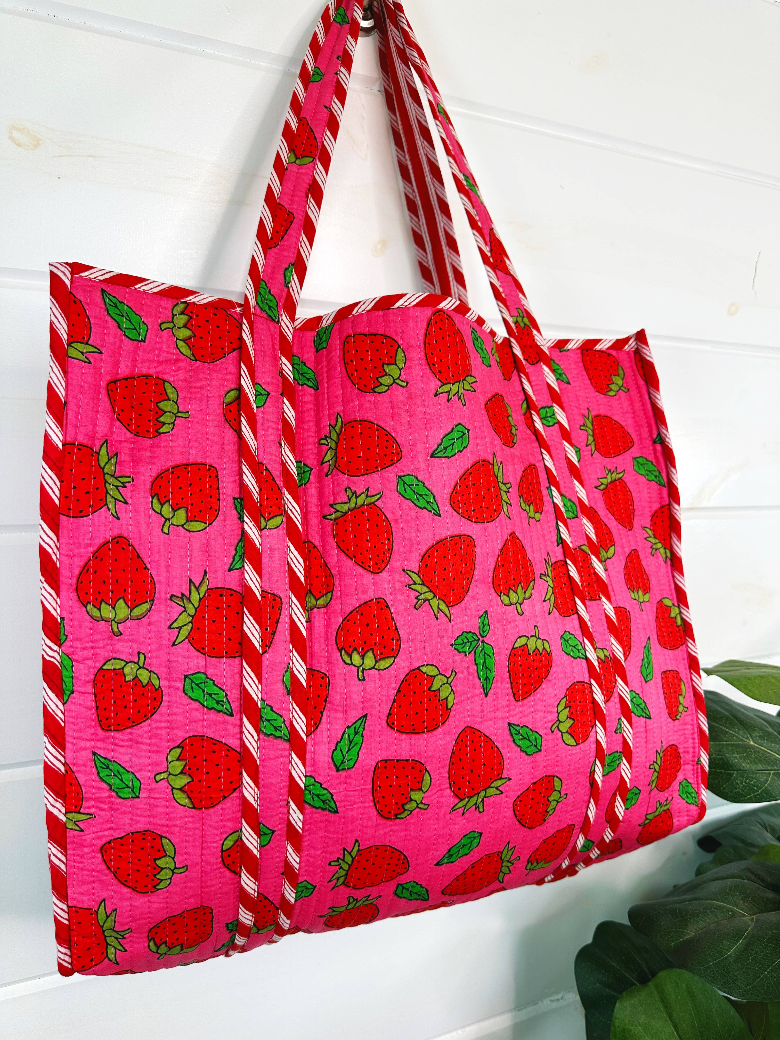 Quilted Tote Bag | Pink Strawberry Bag | Large Shopping Tote