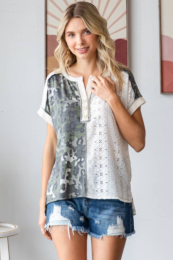 PLUS 7th Ray Camo Animal Lace Contrast Top