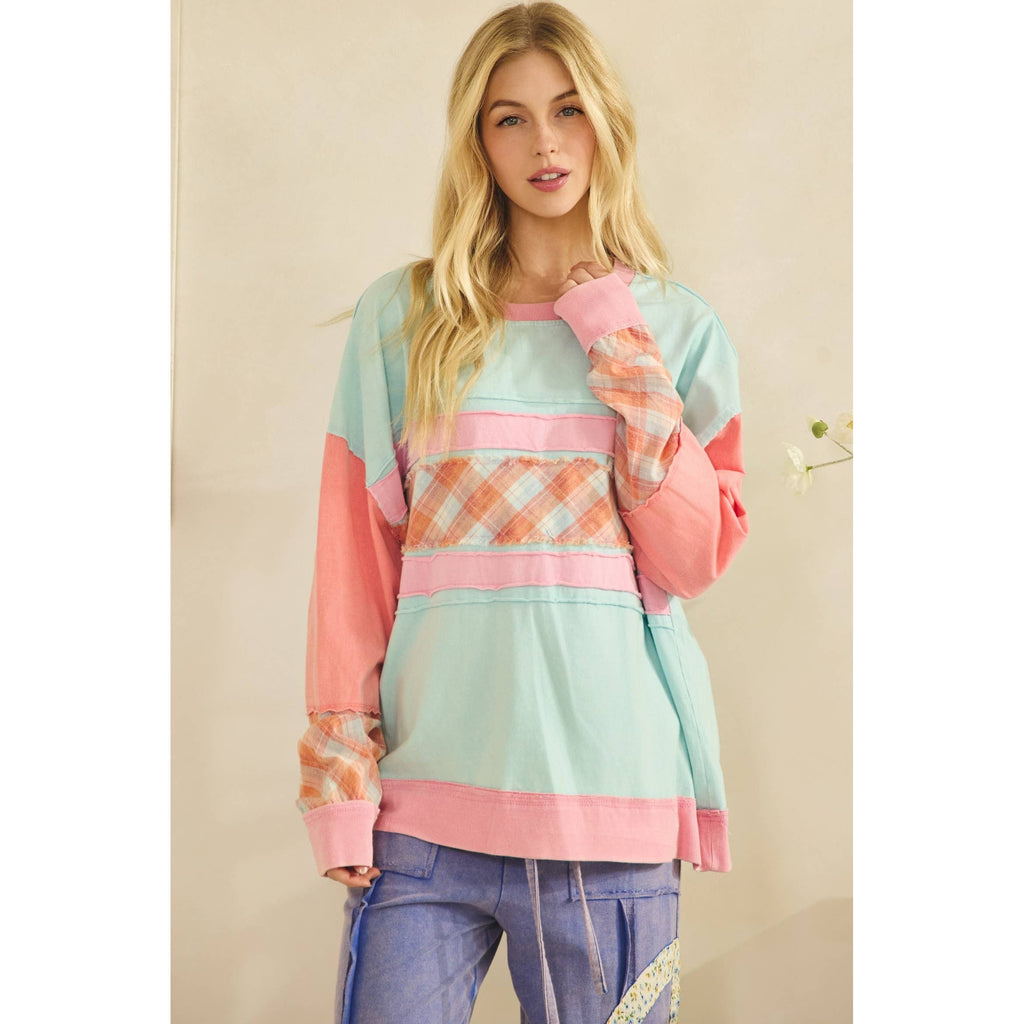 Sage + Fig COLORBLOCK PLAID PATCHWORK PULLOVER