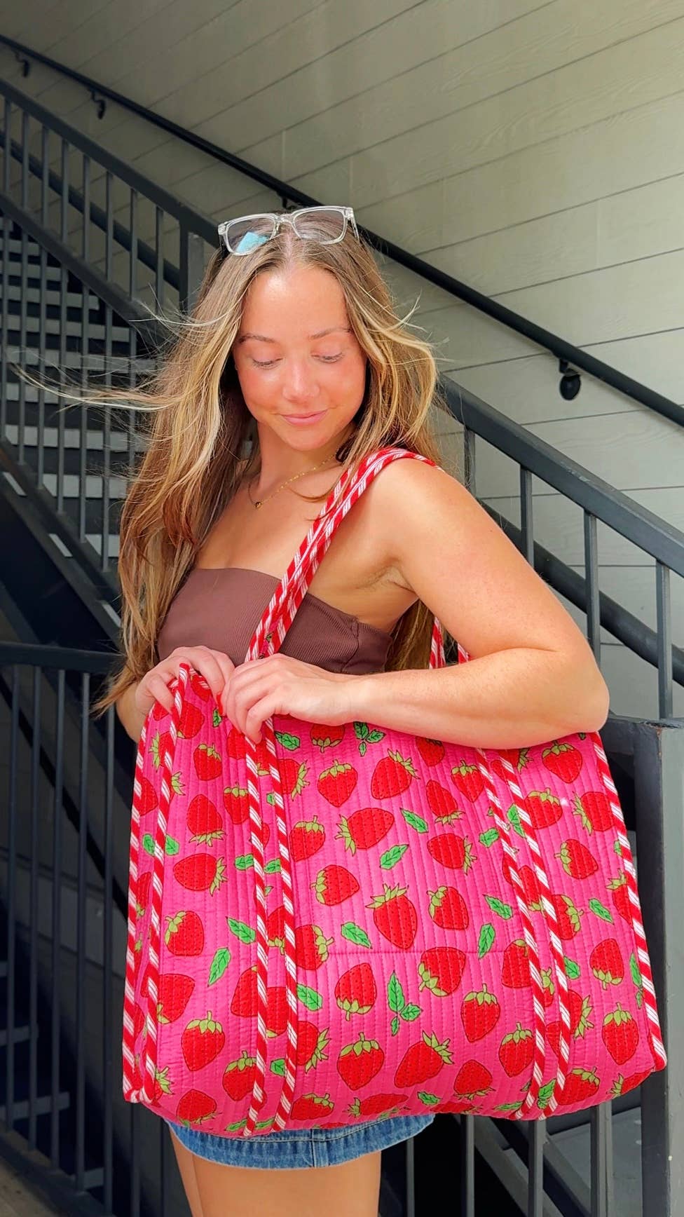 Quilted Tote Bag | Pink Strawberry Bag | Large Shopping Tote