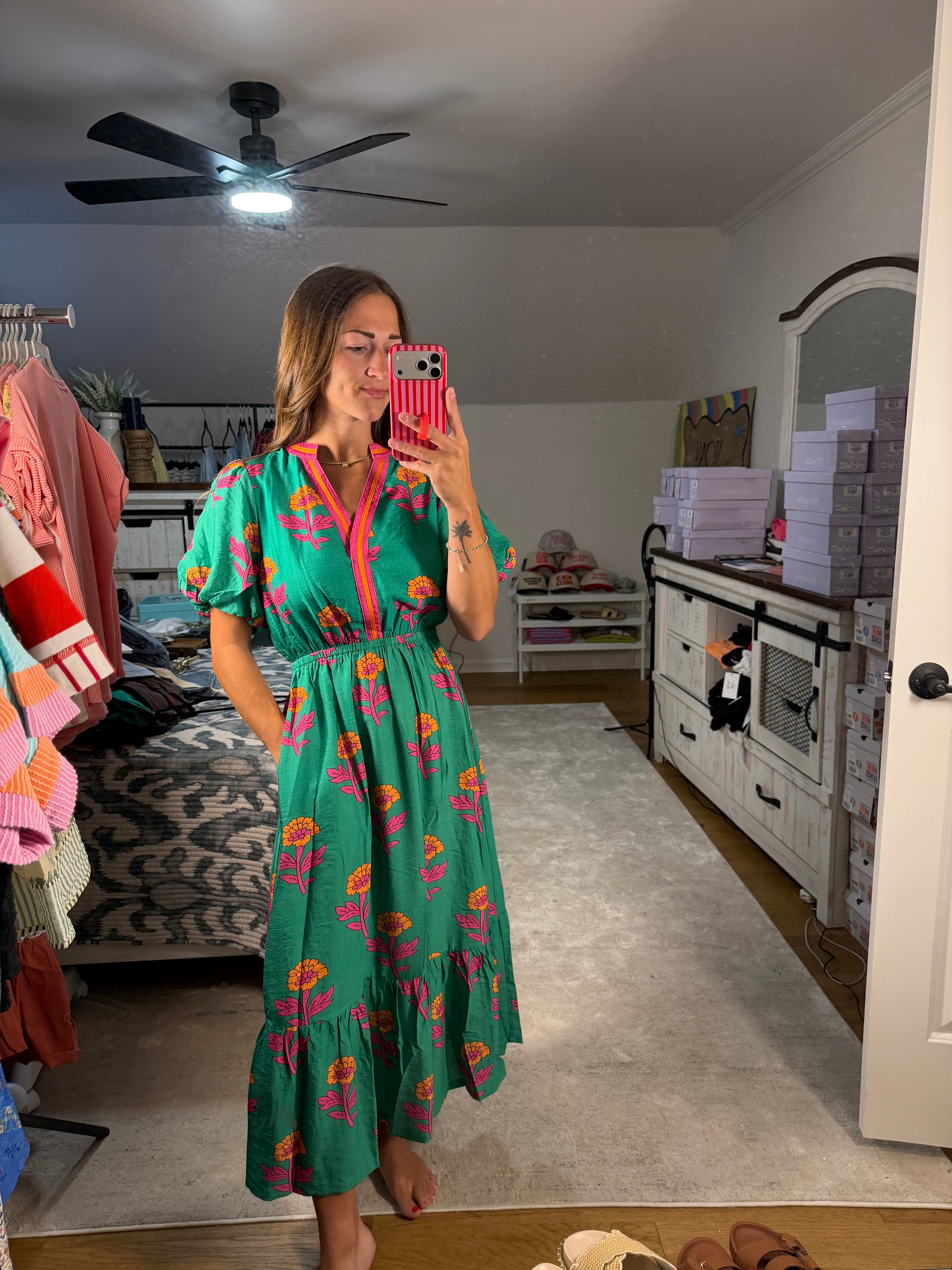 Umgee Floral Print V-Neck Midi Dress