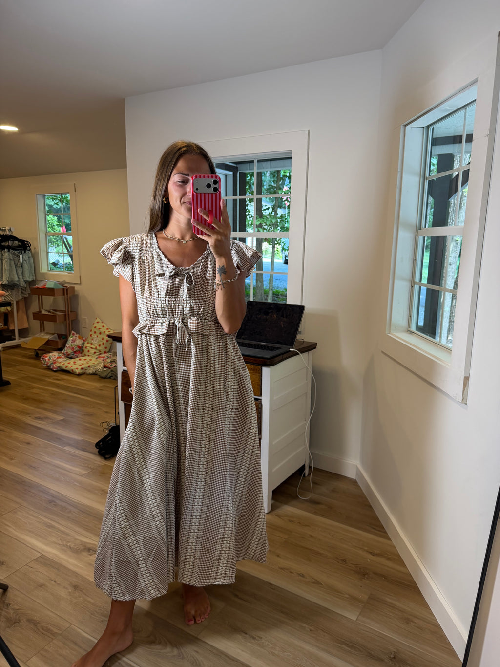 VINTAGE CHECK SMOCKED MIDI DRESS