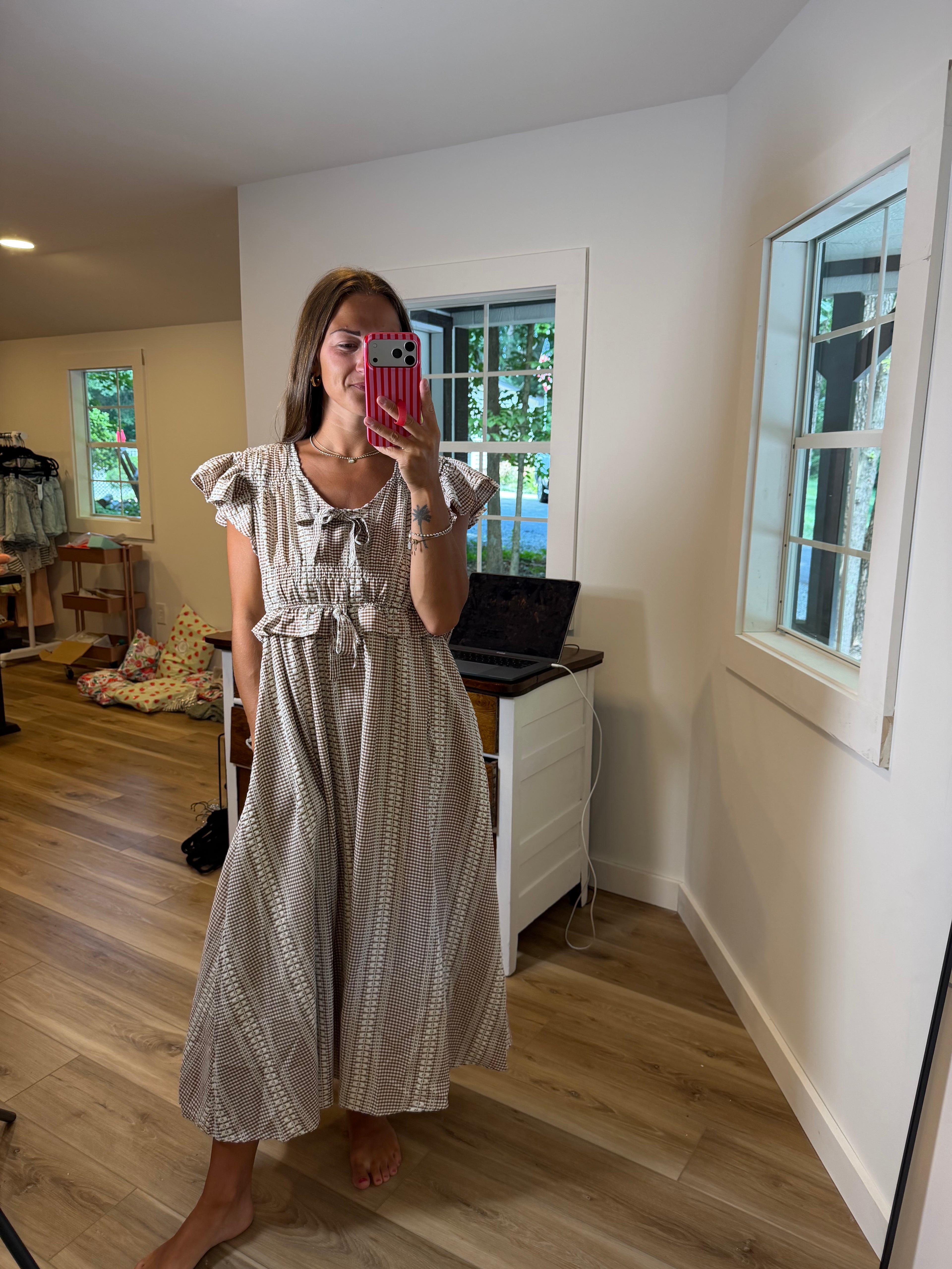 VINTAGE CHECK SMOCKED MIDI DRESS