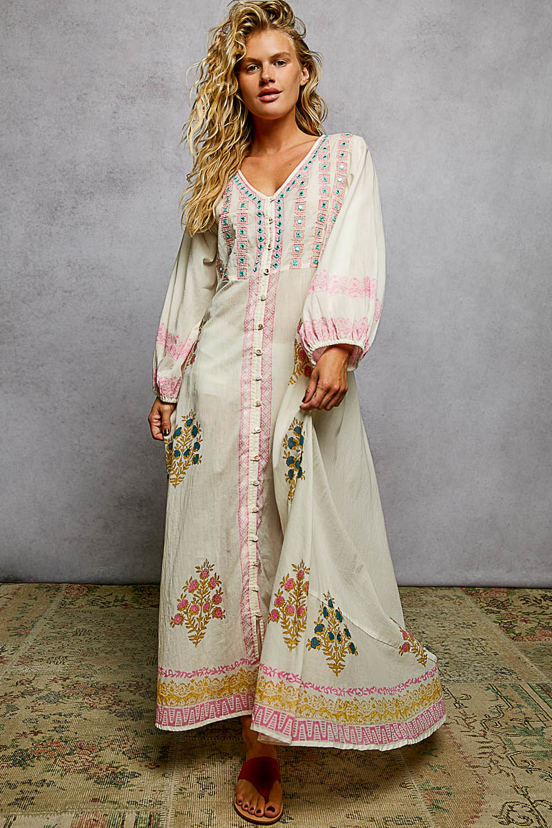 POL Balloon Sleeve Embroidered Dress