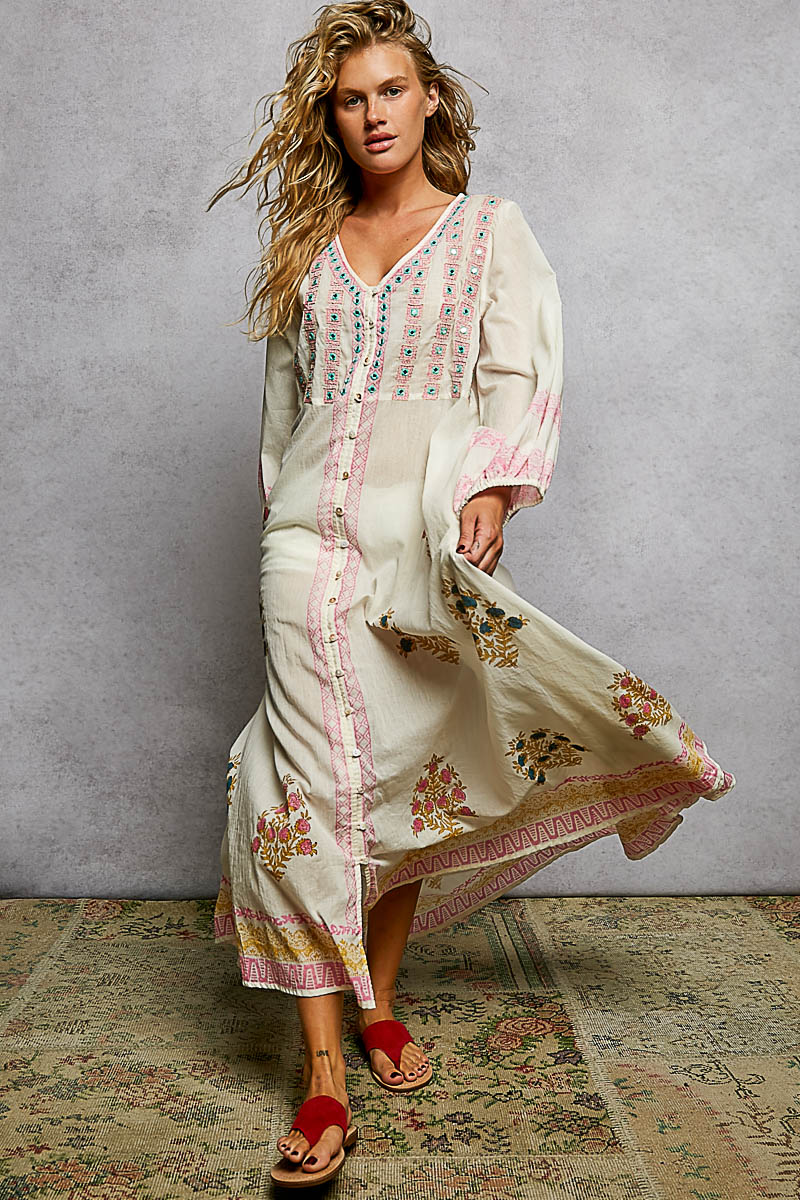 POL Balloon Sleeve Embroidered Dress