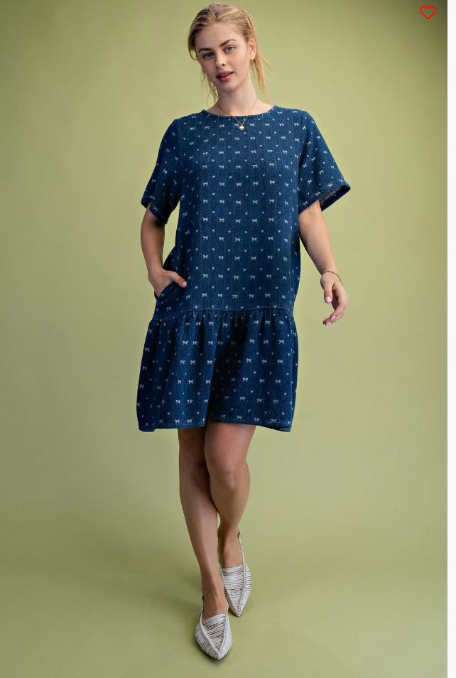 Easel Bow Print Denim Dress