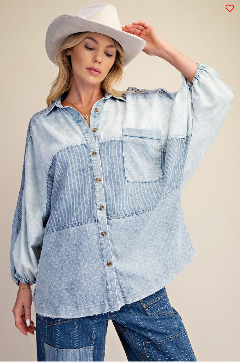 Easel Mixed Print Chambray Shirt