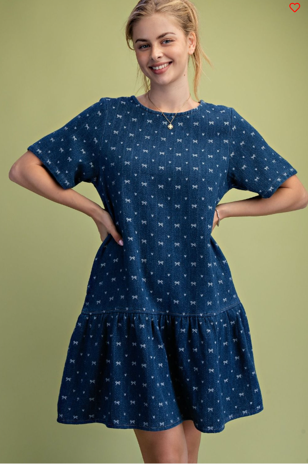 Easel Bow Print Denim Dress