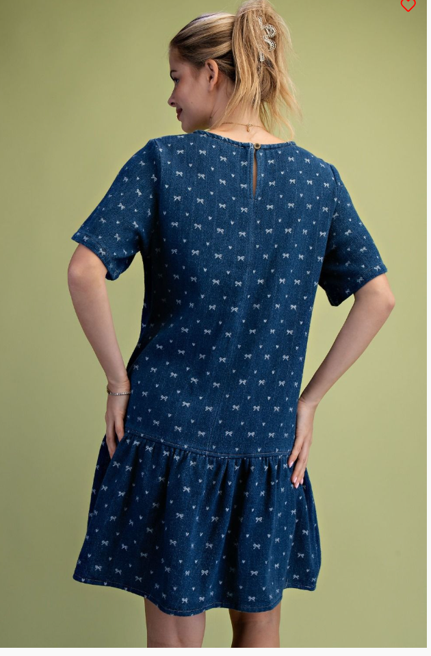 Easel Bow Print Denim Dress
