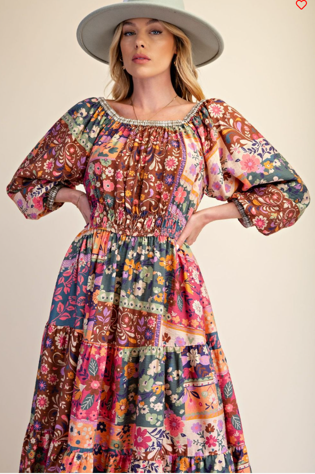 Easel Mixed Patchwork Floral Dress