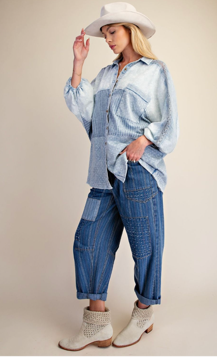 Easel Mixed Print Chambray Shirt