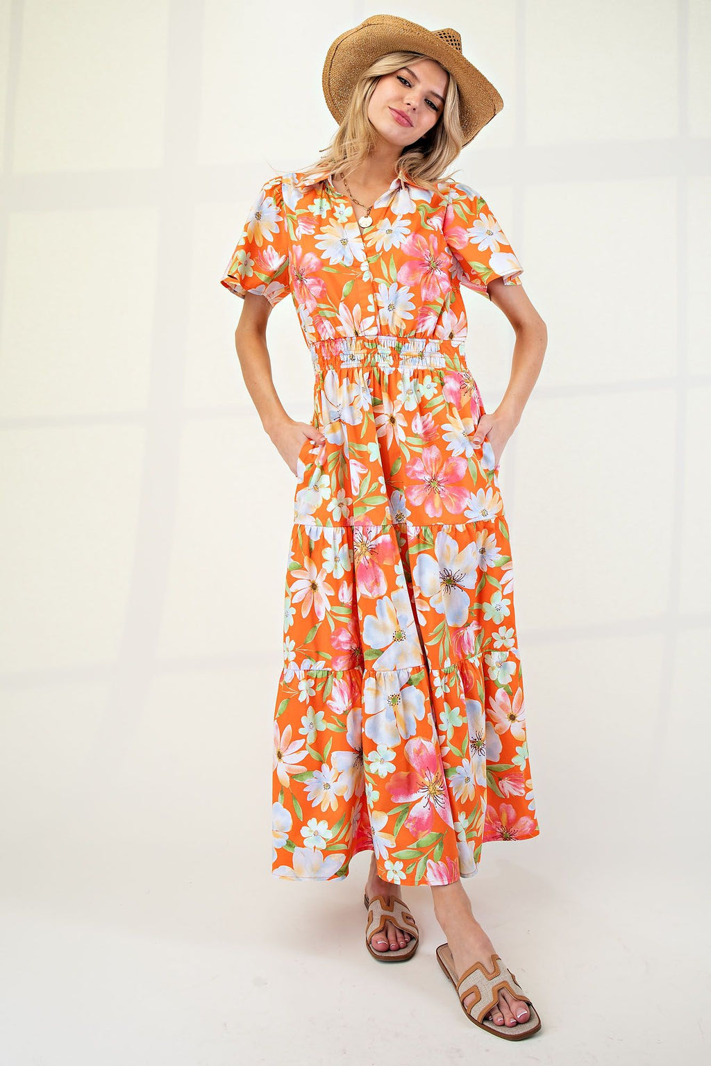 Easel Tangerine Floral Maxi Dress