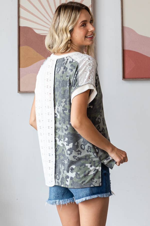PLUS 7th Ray Camo Animal Lace Contrast Top
