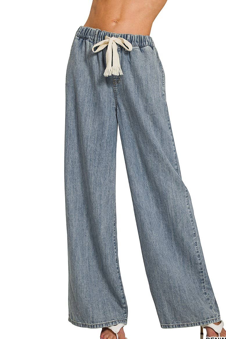 Zenana Wide Leg Drawstring Denim Pants