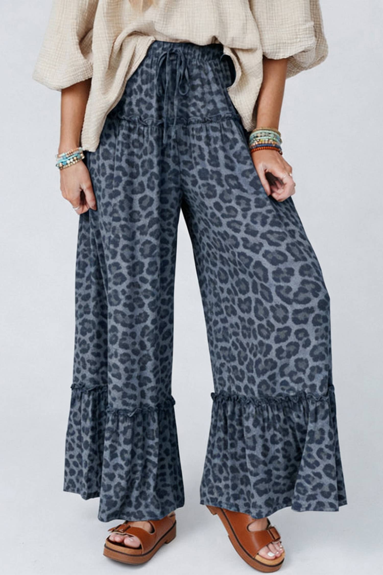 66DISCO Leopard Print Frilled Drawstring Wide Leg Pants