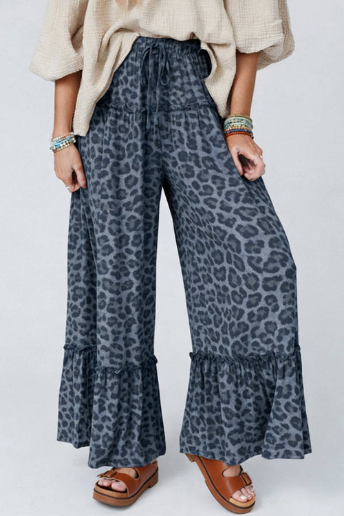 66DISCO Leopard Print Frilled Drawstring Wide Leg Pants