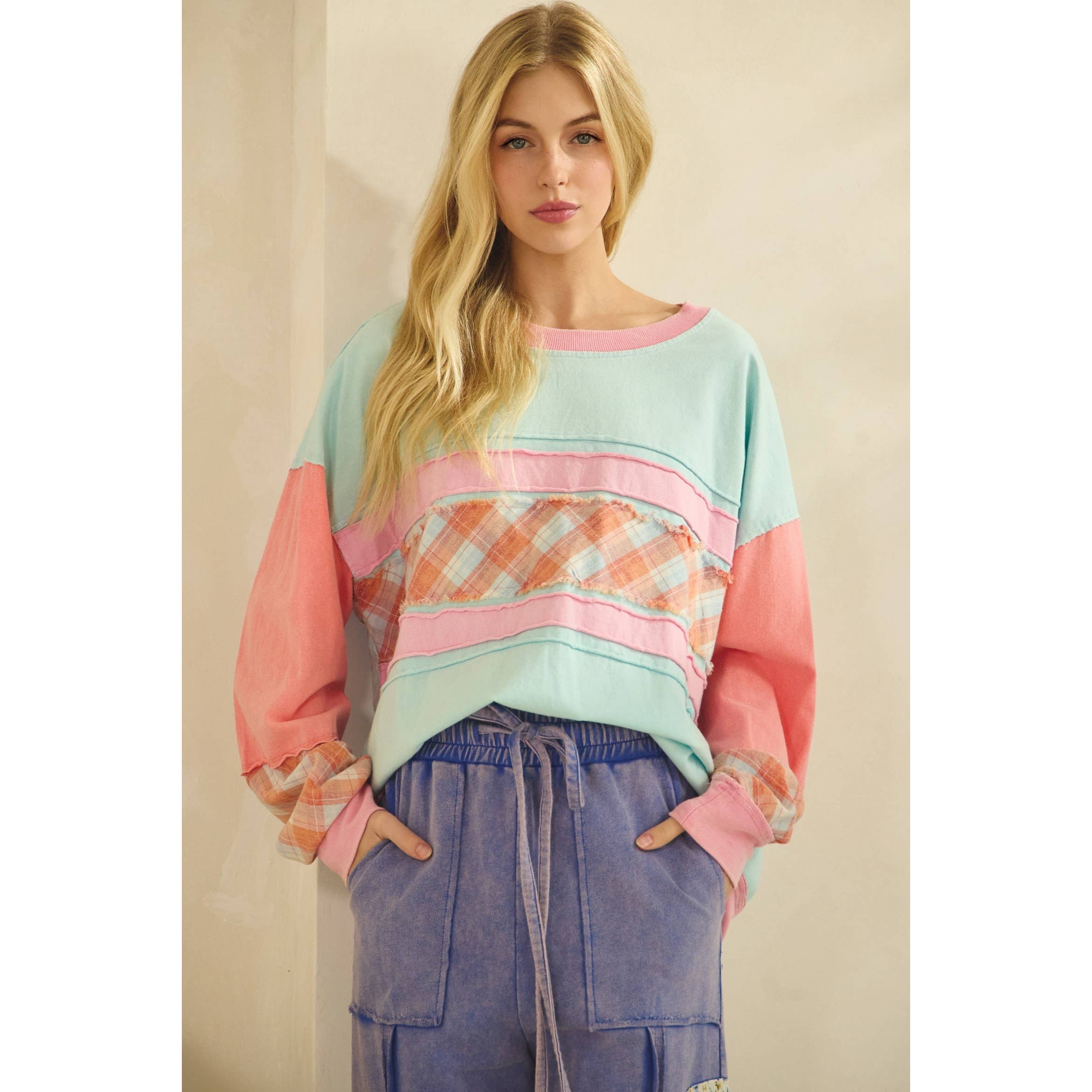 Sage + Fig COLORBLOCK PLAID PATCHWORK PULLOVER