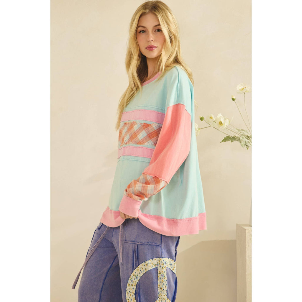 Sage + Fig COLORBLOCK PLAID PATCHWORK PULLOVER